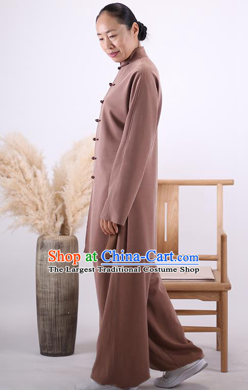 China Tai Chi Exercise Brown Uniforms Kung Fu Wushu Clothing Martial Arts Competition Outfits Wudang Sword Performance Costumes