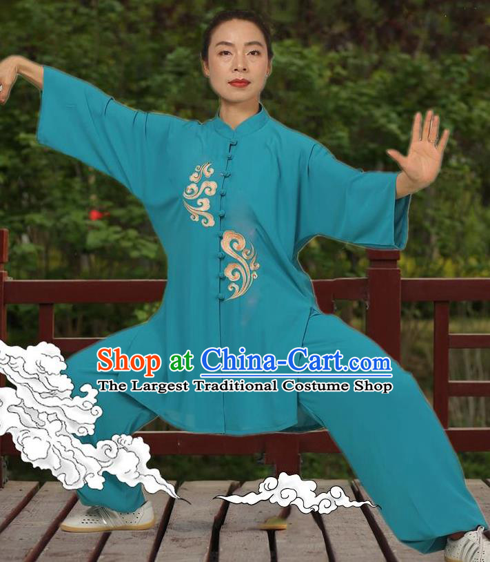 Professional Chinese Kung Fu Training Blue Uniforms Tai Chi Competition Suits Martial Arts Performance Clothing