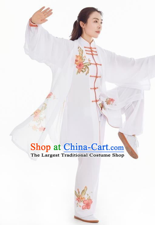 Professional Chinese Tai Chi Competition Three Pieces Suits Martial Arts Performance Clothing Kung Fu Training Painting Flowers White Uniforms