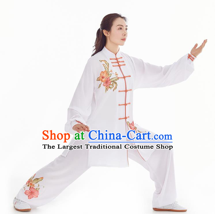 Professional Chinese Tai Chi Competition Three Pieces Suits Martial Arts Performance Clothing Kung Fu Training Painting Flowers White Uniforms