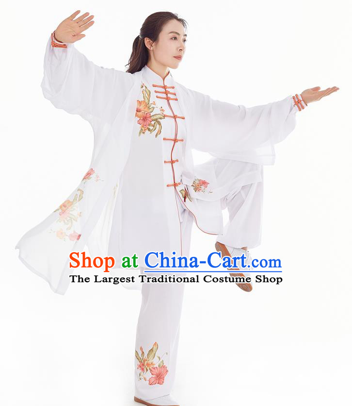 Professional Chinese Tai Chi Competition Three Pieces Suits Martial Arts Performance Clothing Kung Fu Training Painting Flowers White Uniforms