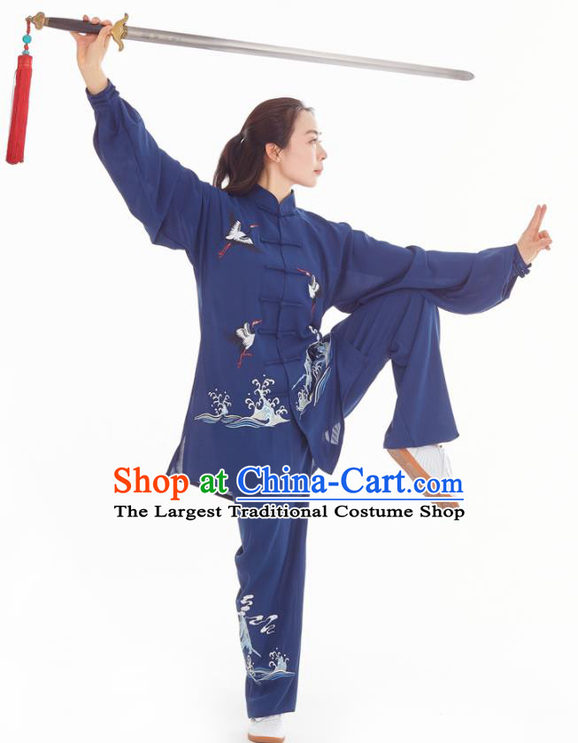 Professional Chinese Tai Chi Competition Embroidered Crane Navy Suits Taiji Sword Performance Clothing Kung Fu Training Uniforms