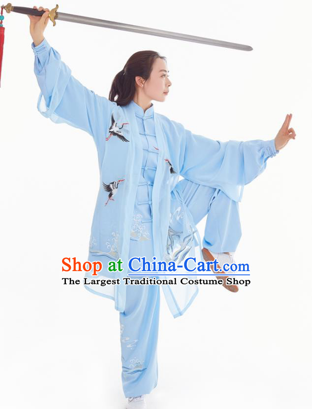 Professional Chinese Kung Fu Training Uniforms Tai Chi Competition Embroidered Crane Blue Suits Taiji Sword Performance Clothing