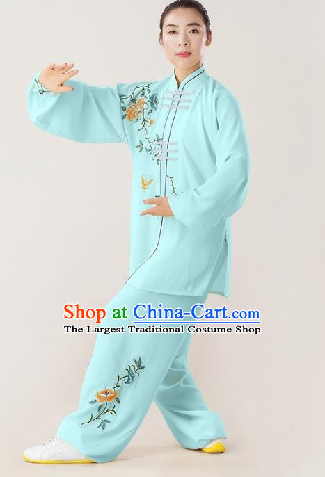 Professional Chinese Martial Arts Competition Clothing Kung Fu Performance Light Blue Uniforms Tai Chi Training Embroidered Peony Suits