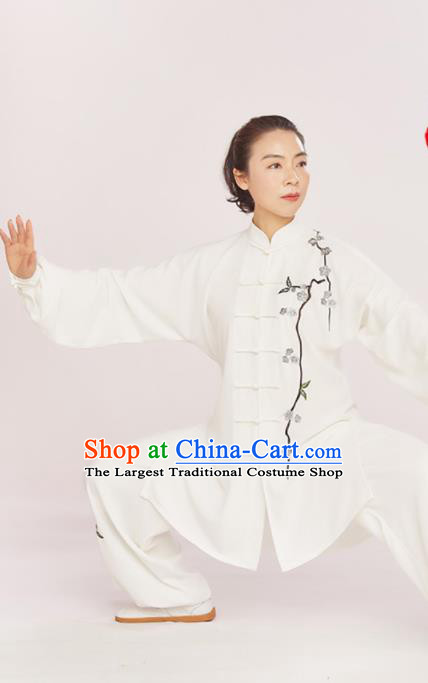 Professional Chinese Tai Chi Competition White Suits Martial Arts Kung Fu Training Clothing Wushu Performance Embroidered Plum Blossom Uniforms