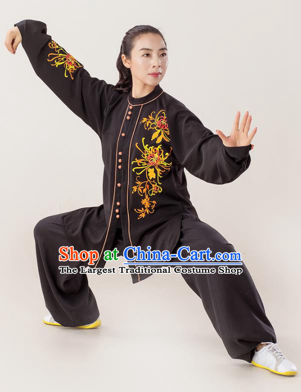 Professional Chinese Tai Chi Competition Black Suits Martial Arts Clothing Kung Fu Garments Wushu Performance Embroidered Chrysanthemum Uniforms