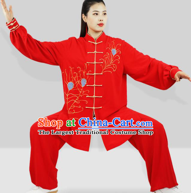 Chinese Adults Kung Fu Show Clothing Martial Arts Garment Costumes Tai Chi Competition Red Uniforms