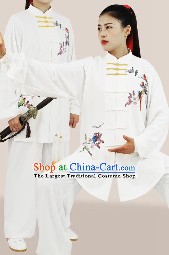 Chinese Tai Chi Competition Printing Flower Bird White Uniforms Adults Kung Fu Show Clothing Martial Arts Garment Costumes