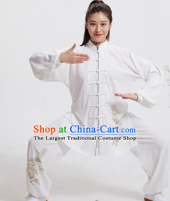 Chinese Martial Arts Garment Costumes Tai Chi Training Printing Mangnolia White Uniforms Adults Kung Fu Performance Clothing