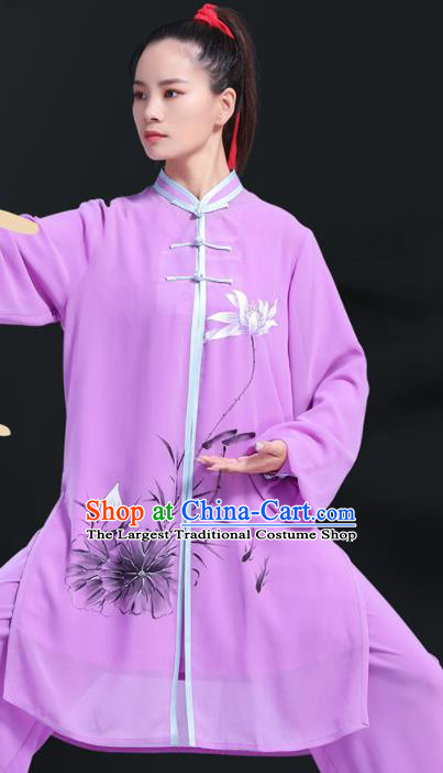 Professional Chinese Kung Fu Performance Uniforms Tai Ji Competition Clothing Martial Arts Printing Lotus Purple Outfits Tai Chi Costumes