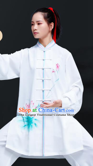 Professional Chinese Kung Fu Costumes Martial Arts Performance Clothing Tai Ji Printing Lotus White Outfits Tai Chi Training Uniforms