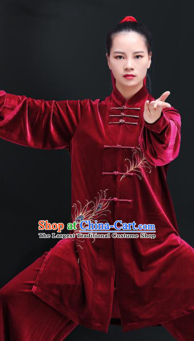 Professional Chinese Tai Ji Sword Performance Costumes Tai Chi Training Uniforms Kung Fu Red Pleuche Outfits Martial Arts Competition Clothing