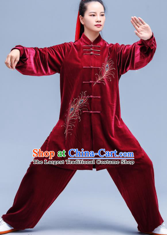 Professional Chinese Tai Ji Sword Performance Costumes Tai Chi Training Uniforms Kung Fu Red Pleuche Outfits Martial Arts Competition Clothing
