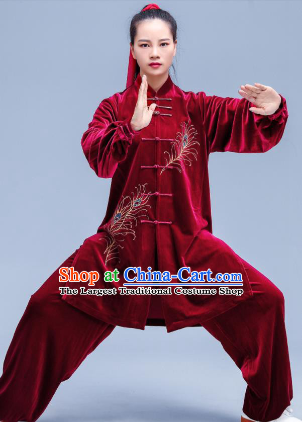 Professional Chinese Tai Ji Sword Performance Costumes Tai Chi Training Uniforms Kung Fu Red Pleuche Outfits Martial Arts Competition Clothing