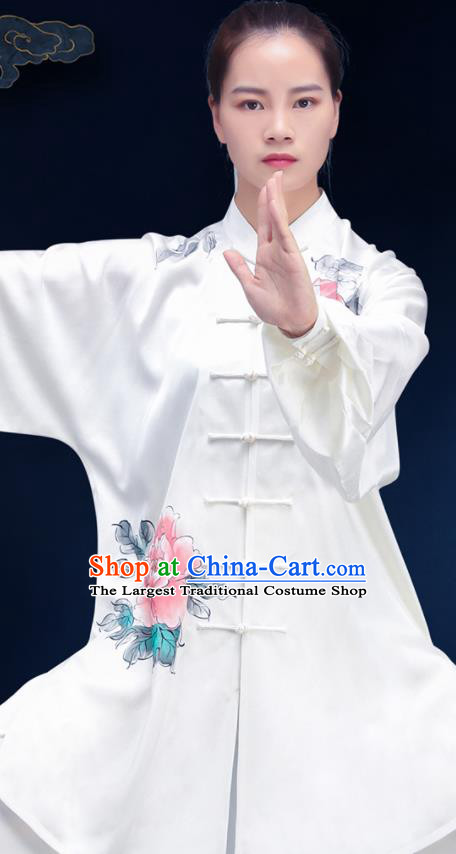 Chinese Tai Ji Competition Costumes Tai Chi Uniforms Kung Fu Training White Silk Outfits Martial Arts Painting Peony Clothing