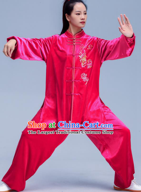 Professional Chinese Tai Chi Training Rosy Pleuche Uniforms Kung Fu Outfits Martial Arts Clothing Tai Ji Performance Costumes