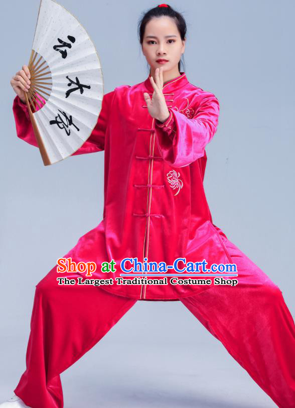 Professional Chinese Tai Chi Training Rosy Pleuche Uniforms Kung Fu Outfits Martial Arts Clothing Tai Ji Performance Costumes