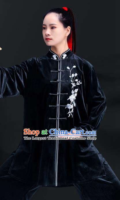 Professional Chinese Tai Ji Performance Costumes Tai Chi Training Black Pleuche Uniforms Kung Fu Outfits Martial Arts Clothing