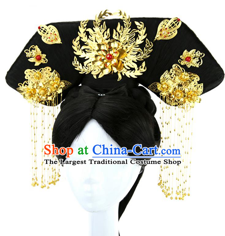 China Ancient Manchu Woman Wigs Traditional Drama Chignon Hairpieces Qing Dynasty Imperial Consort Wig Sheath