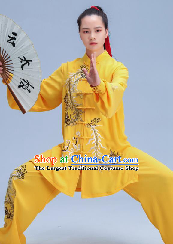 Chinese Kung Fu Competition Costumes Tai Chi Training Uniforms Embroidered Yellow Outfits Martial Arts Clothing