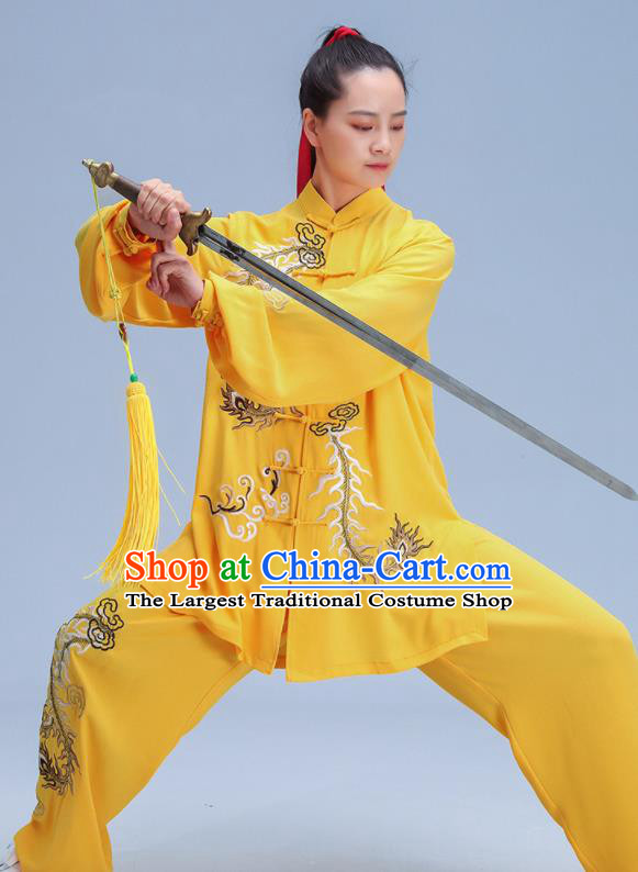 Chinese Kung Fu Competition Costumes Tai Chi Training Uniforms Embroidered Yellow Outfits Martial Arts Clothing