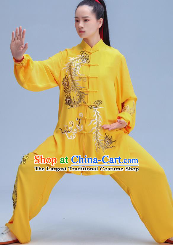 Chinese Kung Fu Competition Costumes Tai Chi Training Uniforms Embroidered Yellow Outfits Martial Arts Clothing