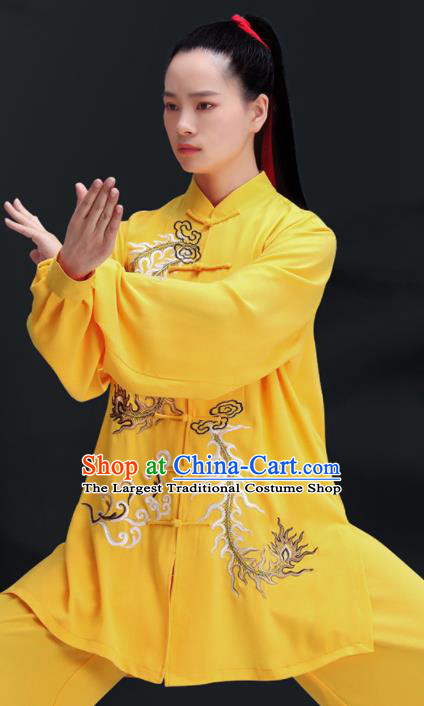Chinese Kung Fu Competition Costumes Tai Chi Training Uniforms Embroidered Yellow Outfits Martial Arts Clothing