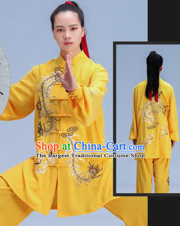 Chinese Kung Fu Competition Costumes Tai Chi Training Uniforms Embroidered Yellow Outfits Martial Arts Clothing