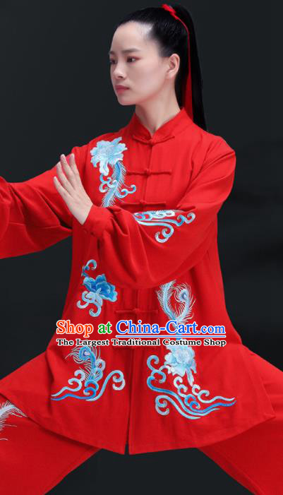 Chinese Martial Arts Clothing Kung Fu Competition Costumes Tai Chi Training Uniforms Embroidered Phoenix Peony Red Outfits