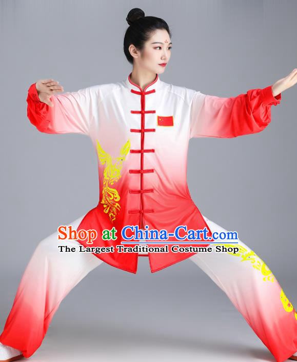 Chinese Tai Chi Training Gradient Red Uniforms Wushu Competition Printing Phoenix Outfits Martial Arts Clothing Kung Fu Costumes