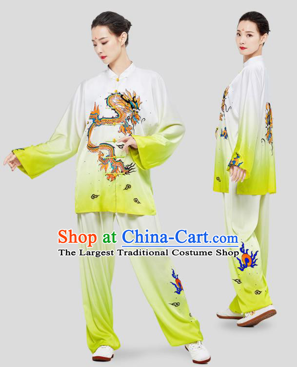 Chinese Wushu Competition Outfits Martial Arts Kung Fu Clothing Tai Ji Sword Garment Costumes Tai Chi Printing Dragon Green Uniforms