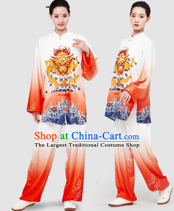 Chinese Tai Chi Printing Dragon Red Uniforms Wushu Competition Outfits Martial Arts Kung Fu Clothing Tai Ji Sword Garment Costumes