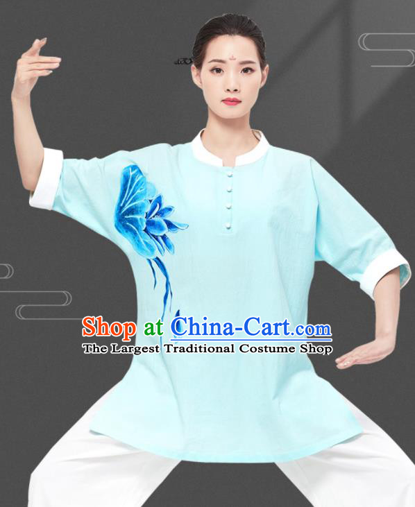 Chinese Tai Ji Garment Costumes Tai Chi Printing Lotus Uniforms Wushu Competition Outfits Martial Arts Kung Fu Clothing