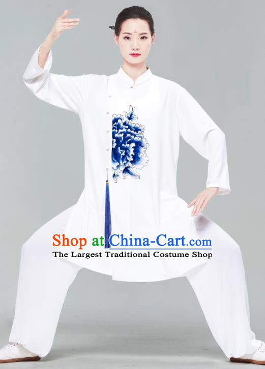 Chinese Martial Arts Kung Fu Clothing Tai Ji Garment Costumes Tai Chi Printing Peony White Uniforms Wushu Competition Outfits