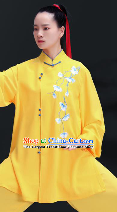 Chinese Tai Chi Uniforms Kung Fu Training Yellow Outfits Martial Arts Embroidered Clothing Tai Ji Competition Costumes