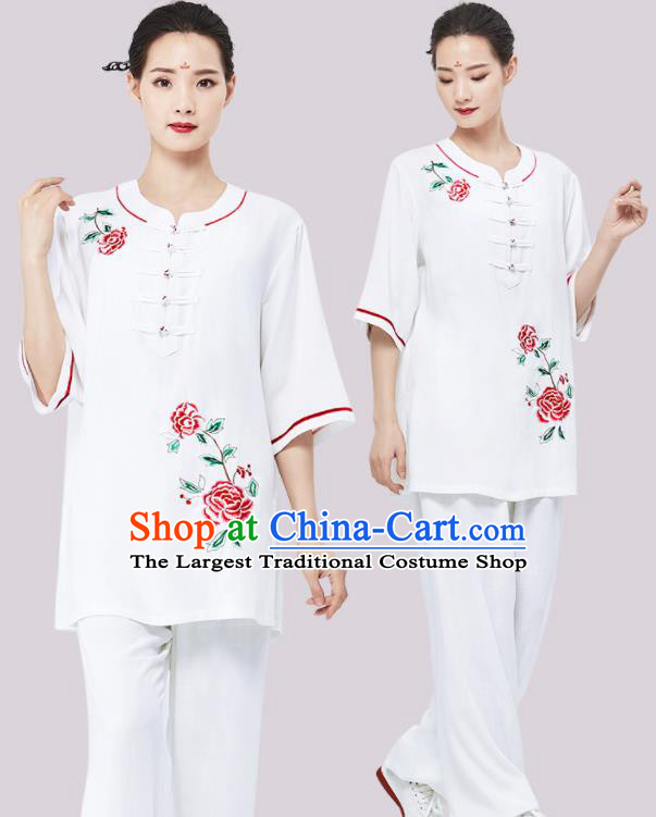 Chinese Kung Fu Painting Rose White Uniforms Wushu Competition Garment Costumes Martial Arts Clothing Tai Chi Clothing