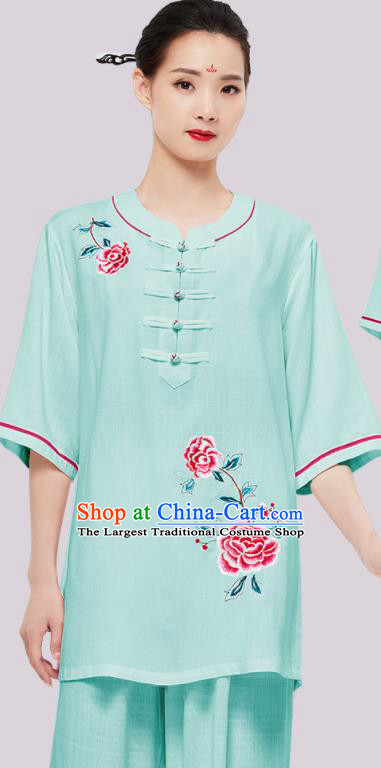 Chinese Tai Chi Clothing Kung Fu Painting Rose Green Uniforms Wushu Competition Garment Costumes Martial Arts Clothing