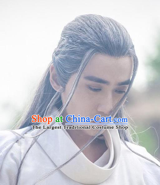 Handmade Chinese Ming Dynasty Taoist Wigs Ancient Swordsman Headwear Drama Vagabondize Fu Hongxue Grey Chignon Headdress