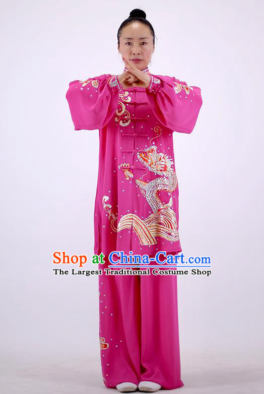 China Kung Fu Tai Ji Costumes Tai Chi Performance Rosy Uniforms Wushu Group Competition Clothing Martial Arts Embroidered Sequins Dragon Outfits