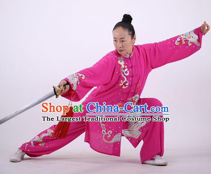 China Wushu Group Competition Clothing Martial Arts Embroidered Dragon Rosy Outfits Kung Fu Costumes Tai Chi Performance Uniforms