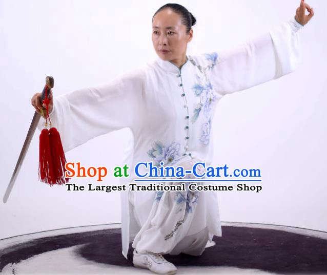 China Tai Chi Performance Uniforms Wushu Group Competition Clothing Martial Arts Painting Peony White Outfits Kung Fu Costumes