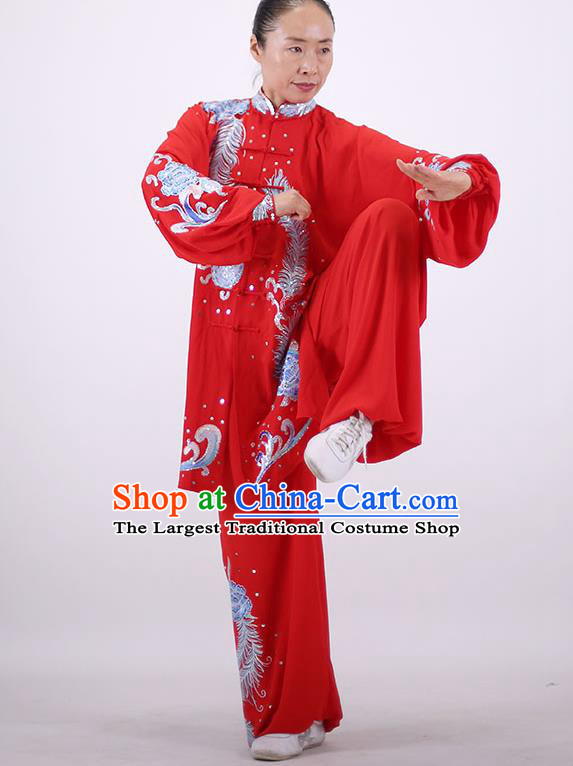 China Kung Fu Performance Costumes Tai Chi Uniforms Wushu Group Competition Clothing Martial Arts Embroidered Red Outfits