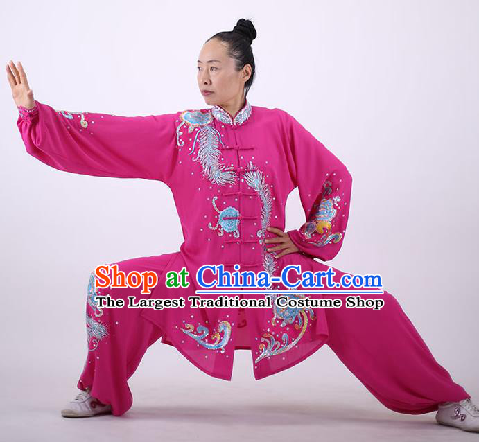 China Kung Fu Performance Costumes Tai Chi Uniforms Wushu Group Competition Clothing Martial Arts Embroidered Rosy Outfits