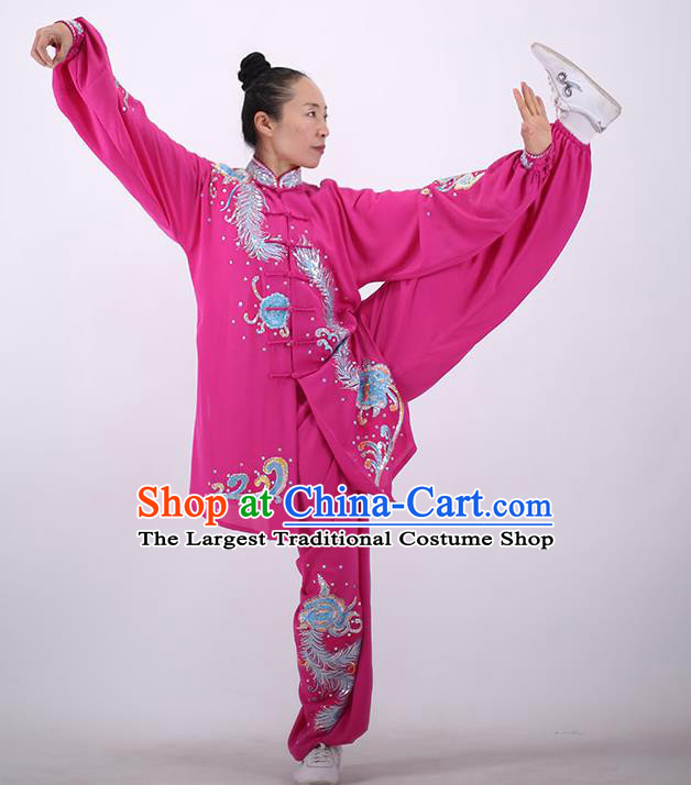 China Kung Fu Performance Costumes Tai Chi Uniforms Wushu Group Competition Clothing Martial Arts Embroidered Rosy Outfits