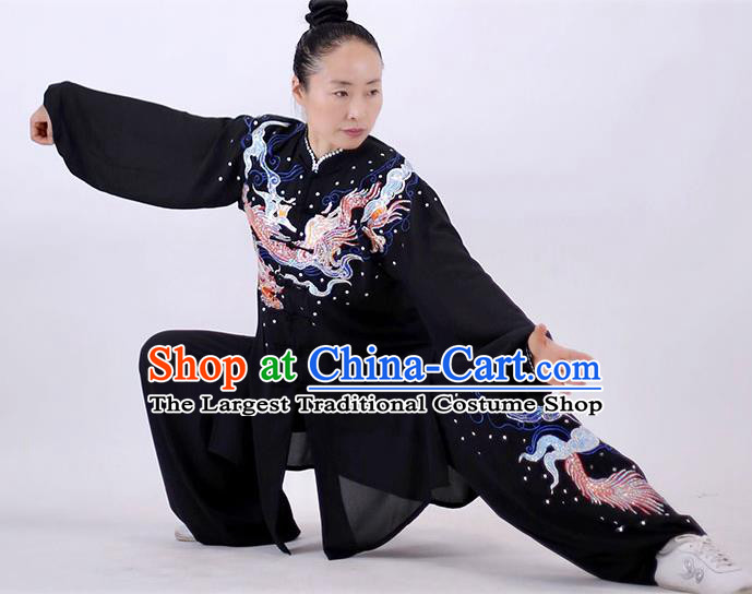 China Martial Arts Embroidered Dragon Outfits Kung Fu Costumes Tai Chi Performance Black Uniforms Wushu Group Competition Clothing