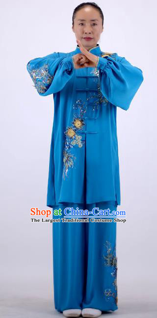 China Tai Chi Performance Blue Uniforms Wushu Competition Clothing Martial Arts Group Outfits Kung Fu Embroidered Costumes