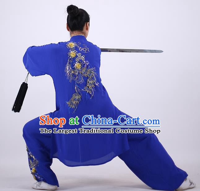 China Tai Chi Royalblue Uniforms Wushu Group Competition Clothing Martial Arts Outfits Kung Fu Embroidered Costumes