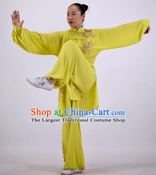 China Kung Fu Embroidered Costumes Tai Chi Yellow Uniforms Wushu Group Competition Clothing Martial Arts Outfits
