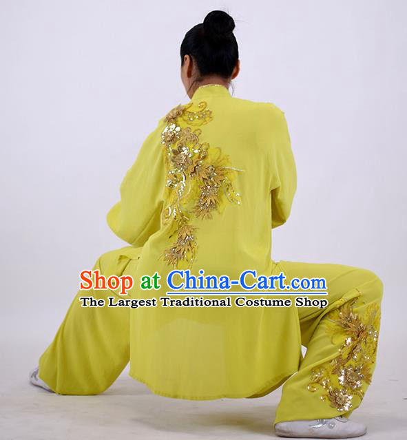 China Kung Fu Embroidered Costumes Tai Chi Yellow Uniforms Wushu Group Competition Clothing Martial Arts Outfits