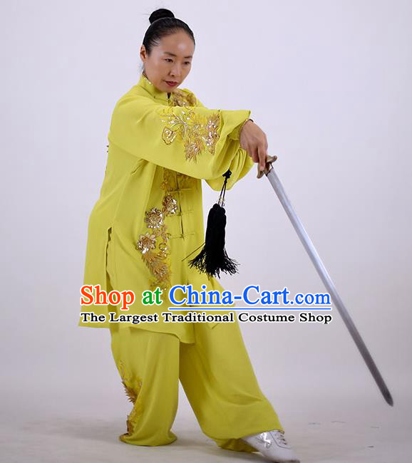 China Kung Fu Embroidered Costumes Tai Chi Yellow Uniforms Wushu Group Competition Clothing Martial Arts Outfits